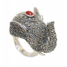 Ring Carnelian Silver 925 Sterling Marcasite Stone Elephant Handcrafted A470